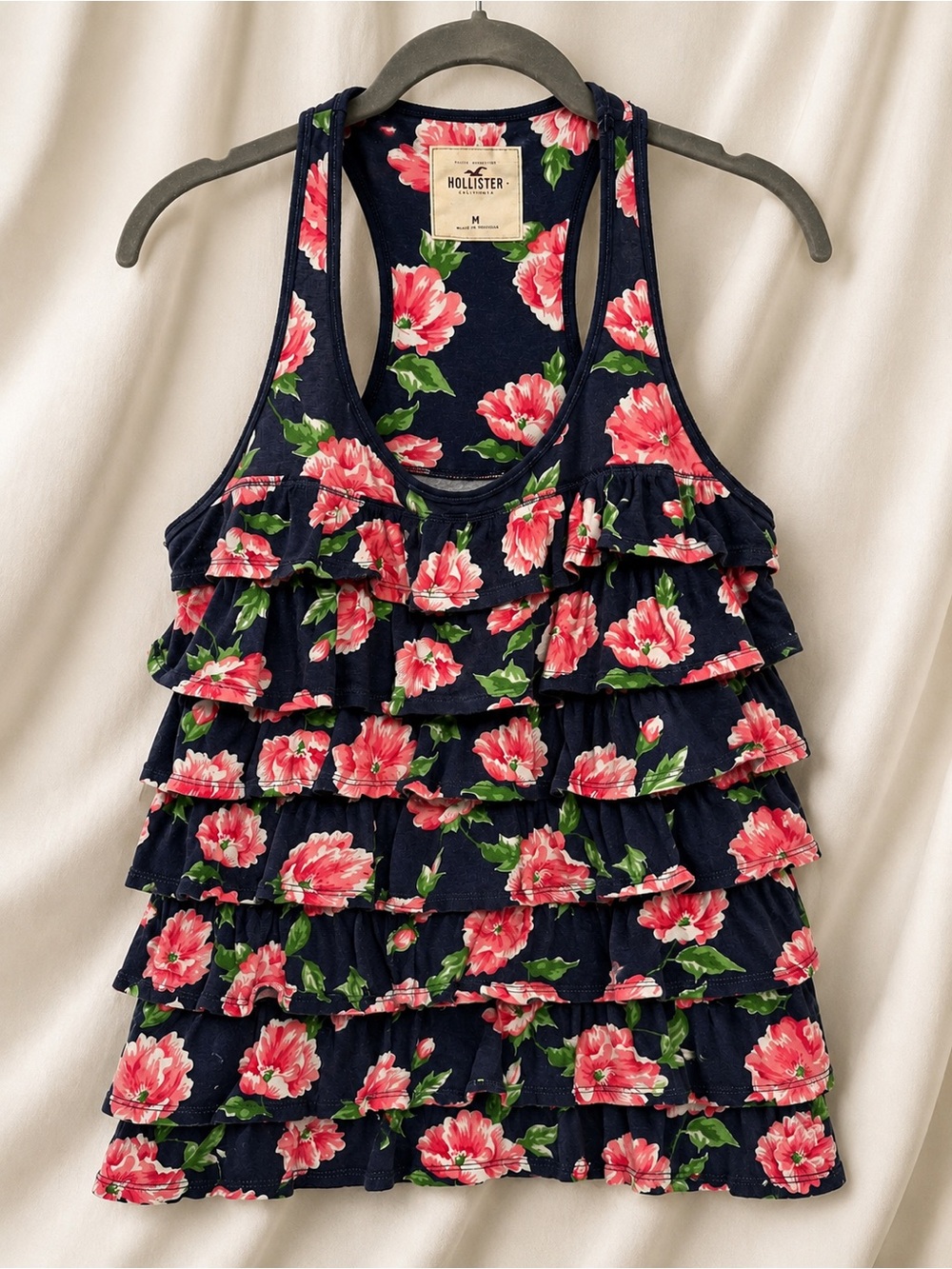 Hollister Floral Ruffle Racerback Tank Top 100% Cotton Navy Pink Medium